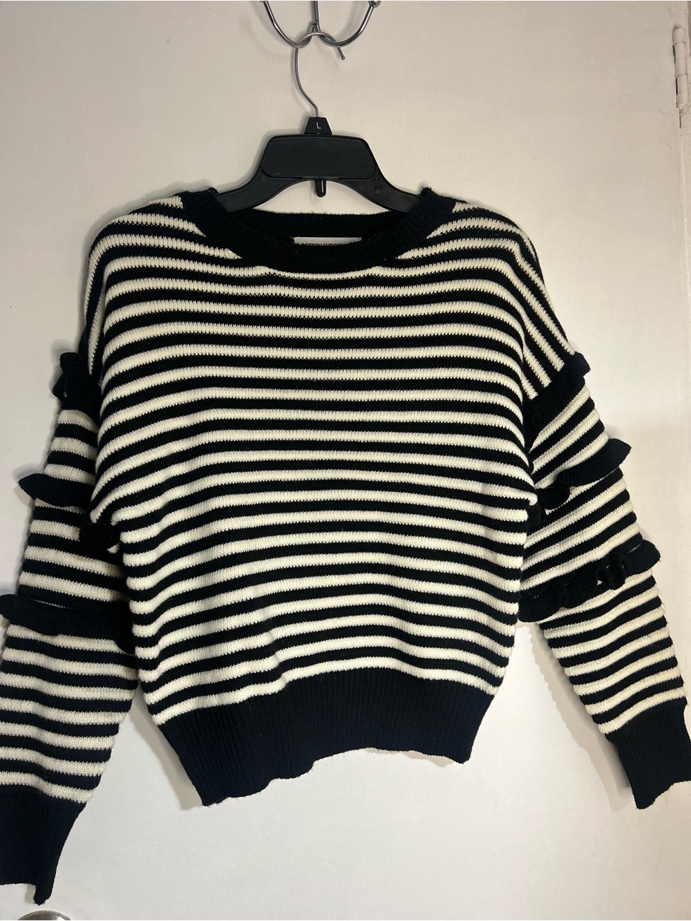 Cotton Emporium Black & White Striped Ruffle-Sleeve Crew Sweater
